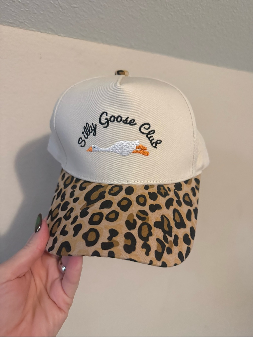 Beige & Leopard-Print Baseball Hat with Embroidered Goose